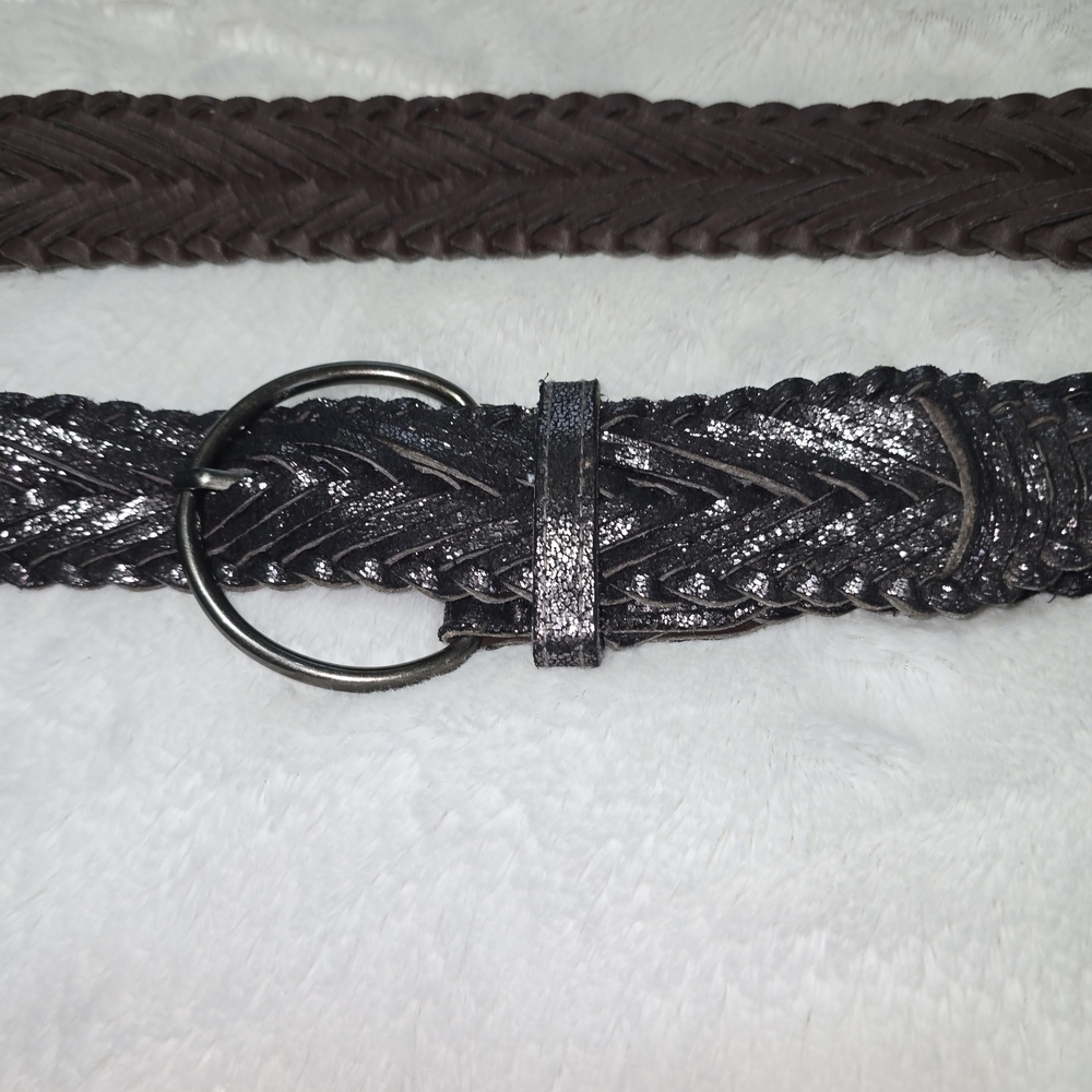 Vintage Metallic Black Braided Belt with Round Buckle Womens